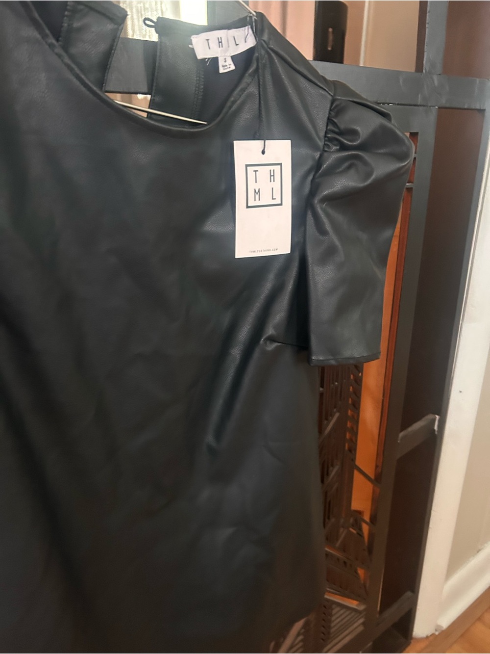 NWT- THML Black Faux Leather Short Sleeve Puff Shirt